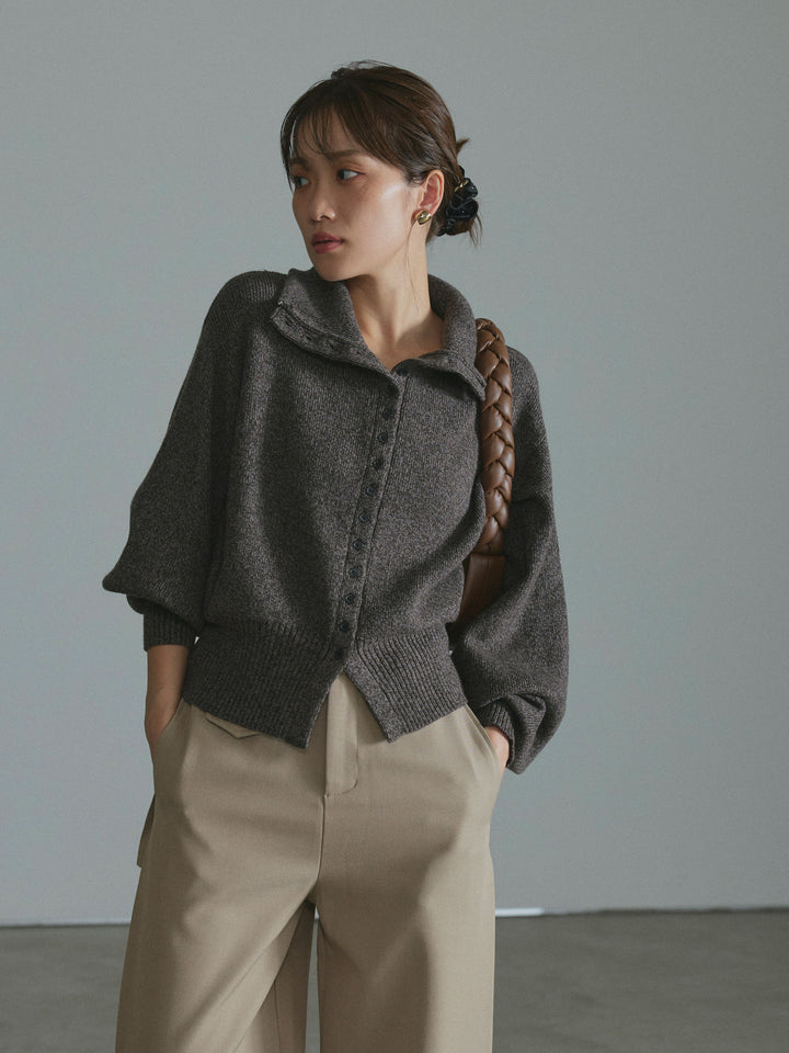 【Allure】[SET]ミックスハイネックカーディガン+サイドタックワイドパンツ(2set)