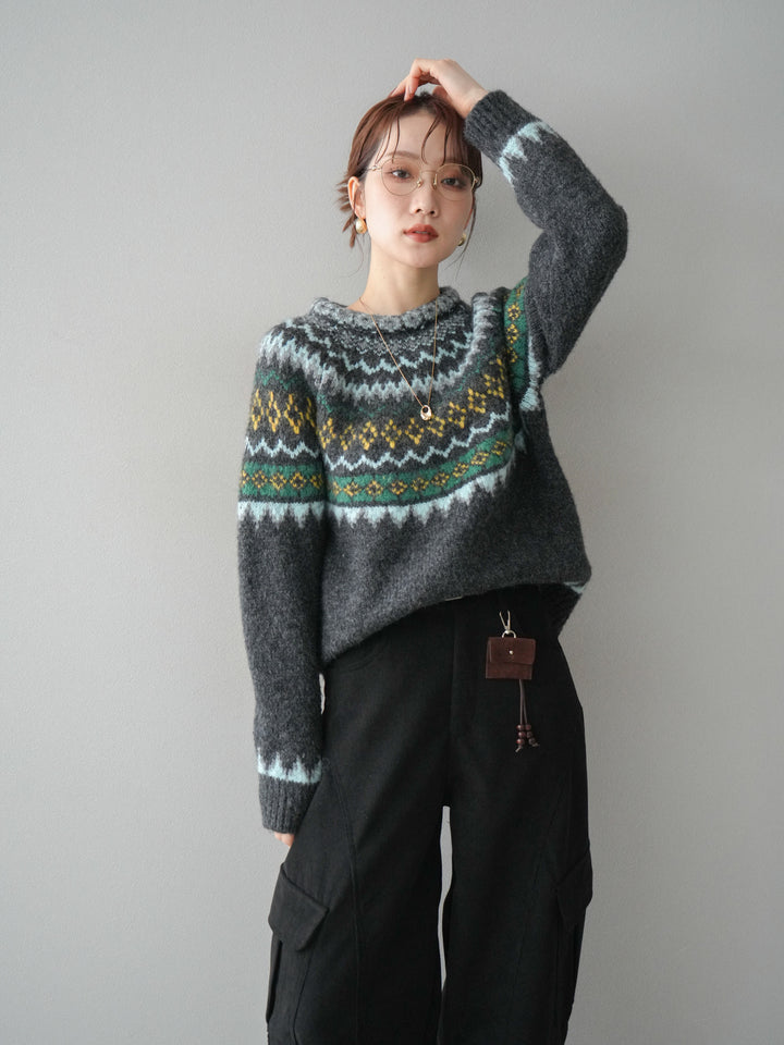 [予約]ウールタッチ求心柄オーバーニットプルオーバー/gray