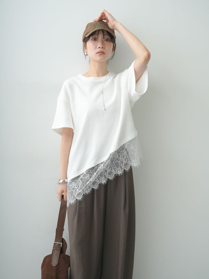 [SET]アシメレースヘムワイドTEE+ベルトデザインタックドレープワイドパンツ(2set)