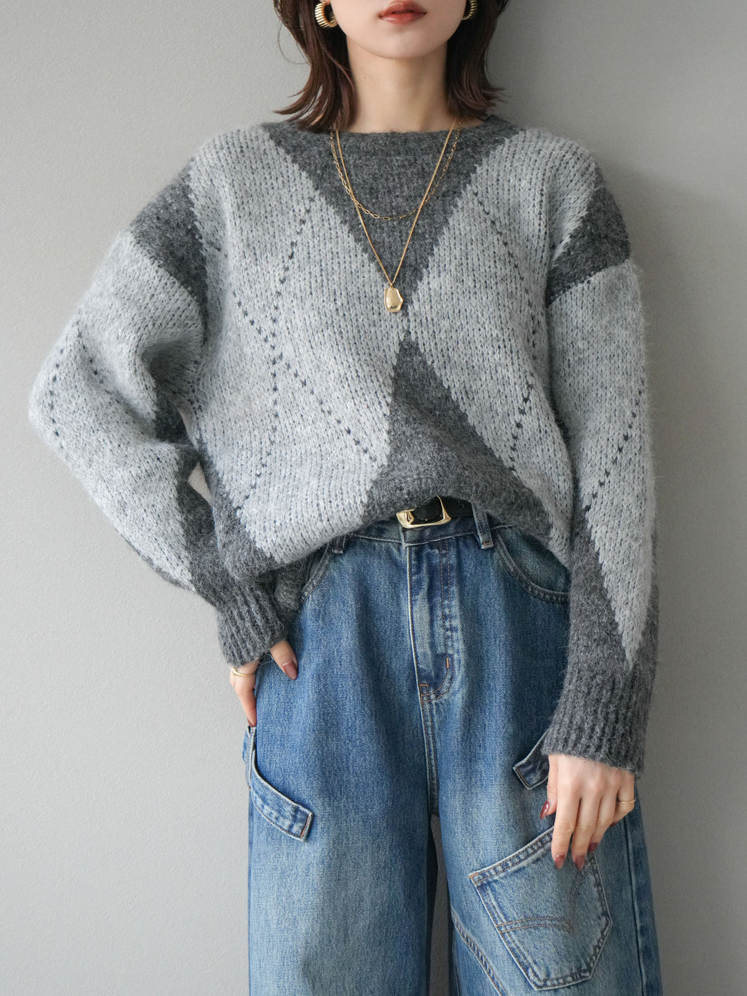 [予約]アーガイルオーバーニットプルオーバー/gray