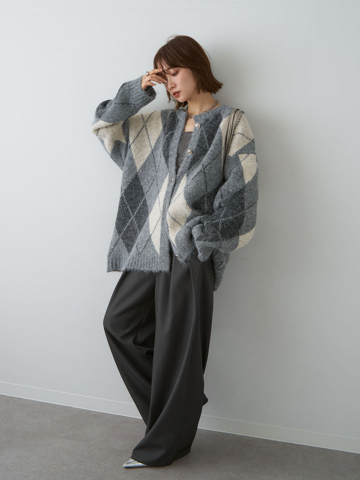 [SET]アーガイルスパンコールビッグニットカーディガン+ツイルタックワイドパンツ(2set)