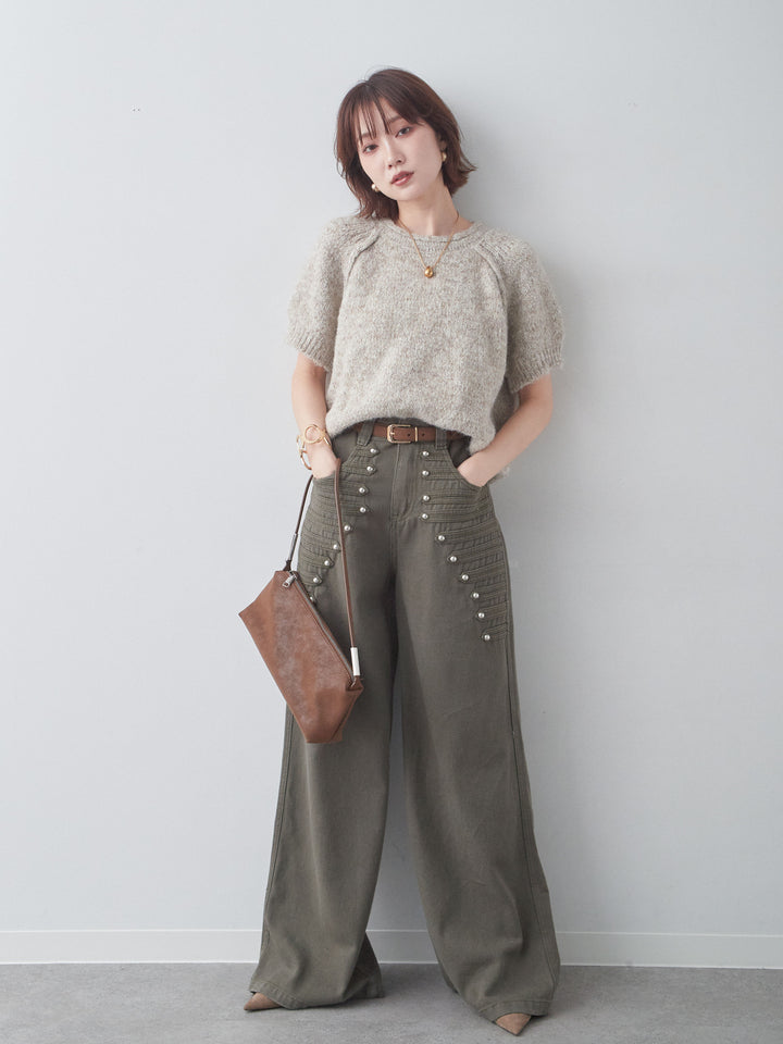 [SET]メランジショートニットトップス+ナポレオンワイドストレートパンツ(2set)