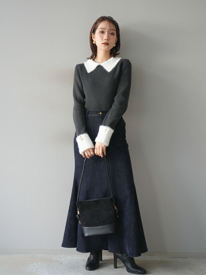 [SET]シャギー襟リブニットトップス+ベルベットマーメイドスカート(2set)