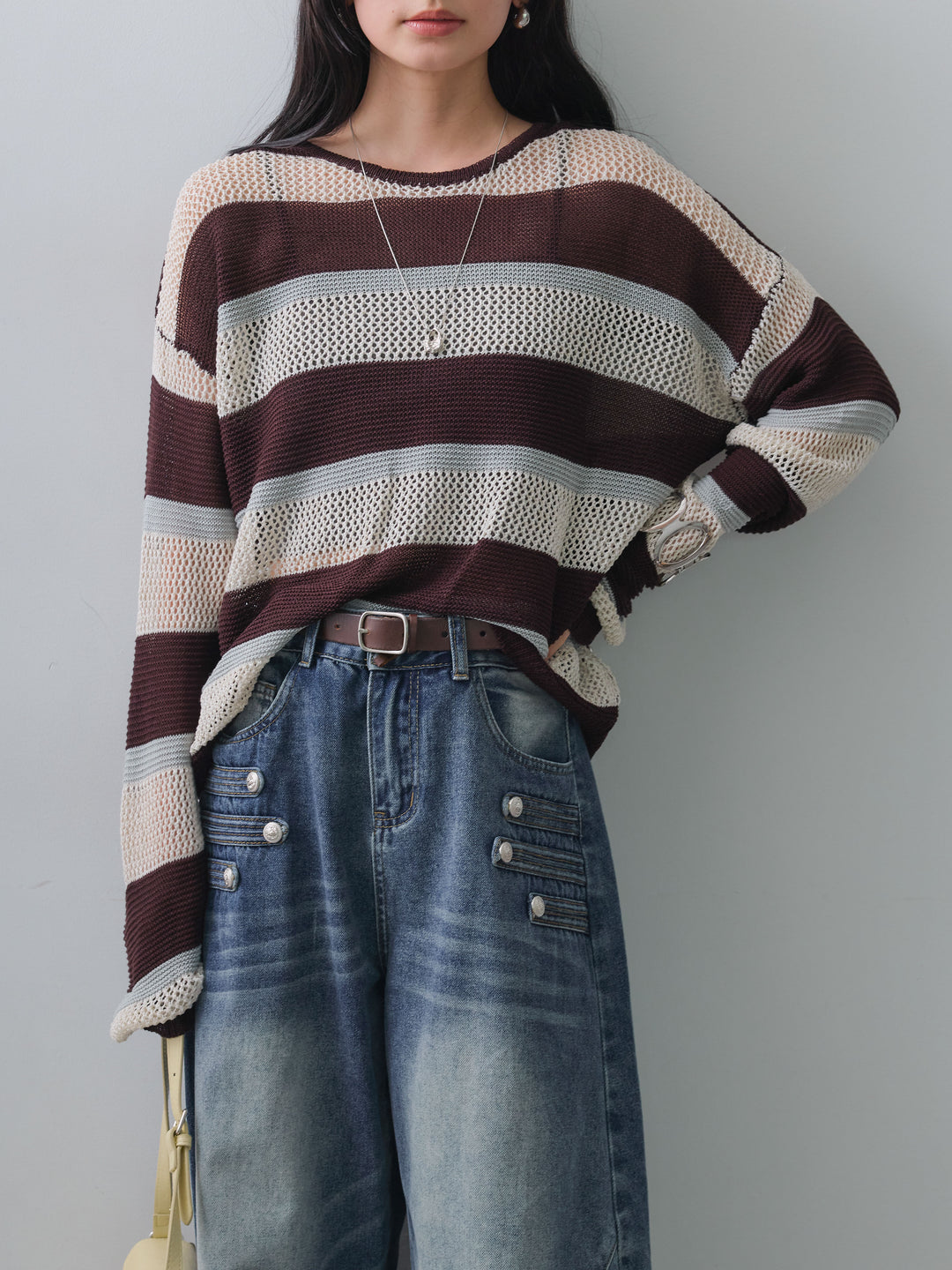[予約]マルチボーダーメッシュニットトップス/brown