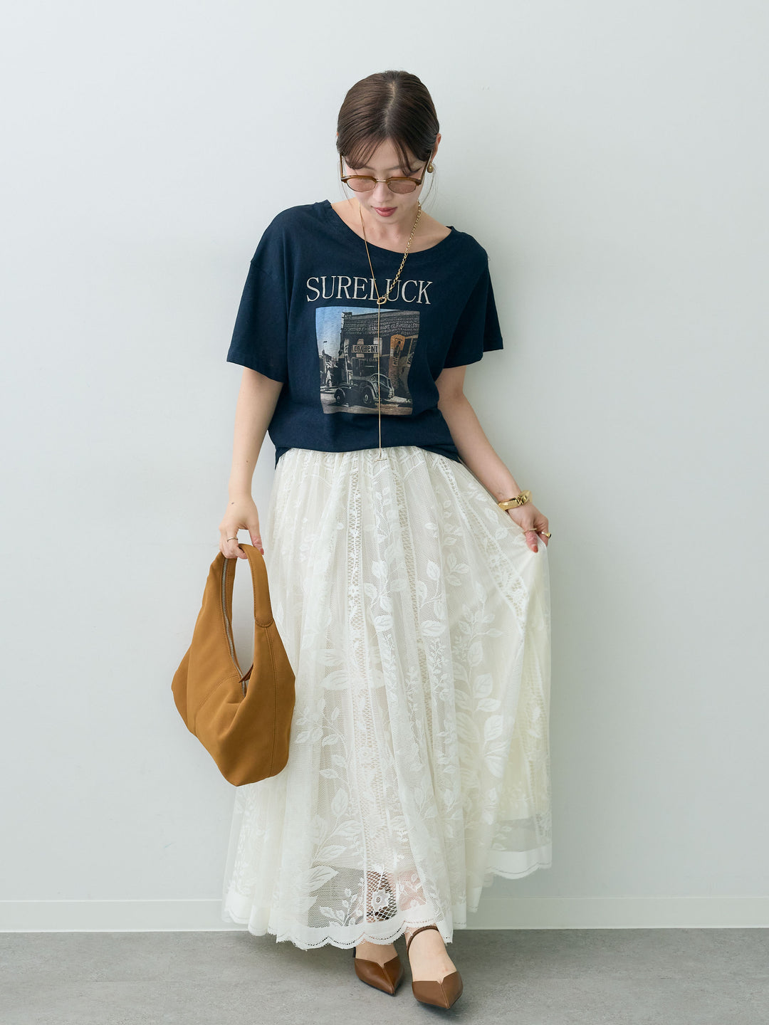 [SET]ワイドネックプリントTEE+ボタニカルパネルレースフレアスカート(2set)
