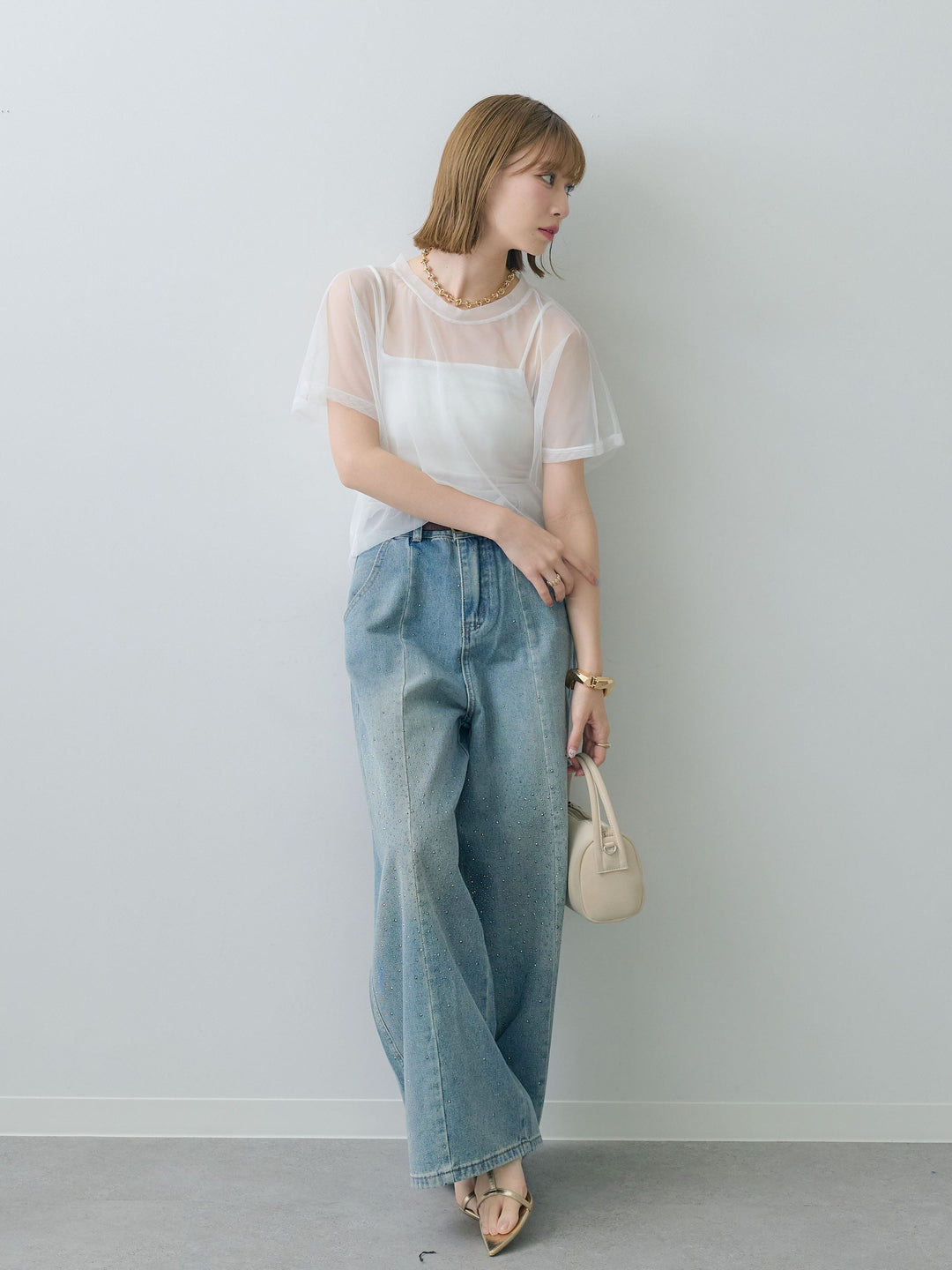 [SET]インナーキャミ付シアーオーバーTEE+フロントビジューカーブデニムパンツ(2set)