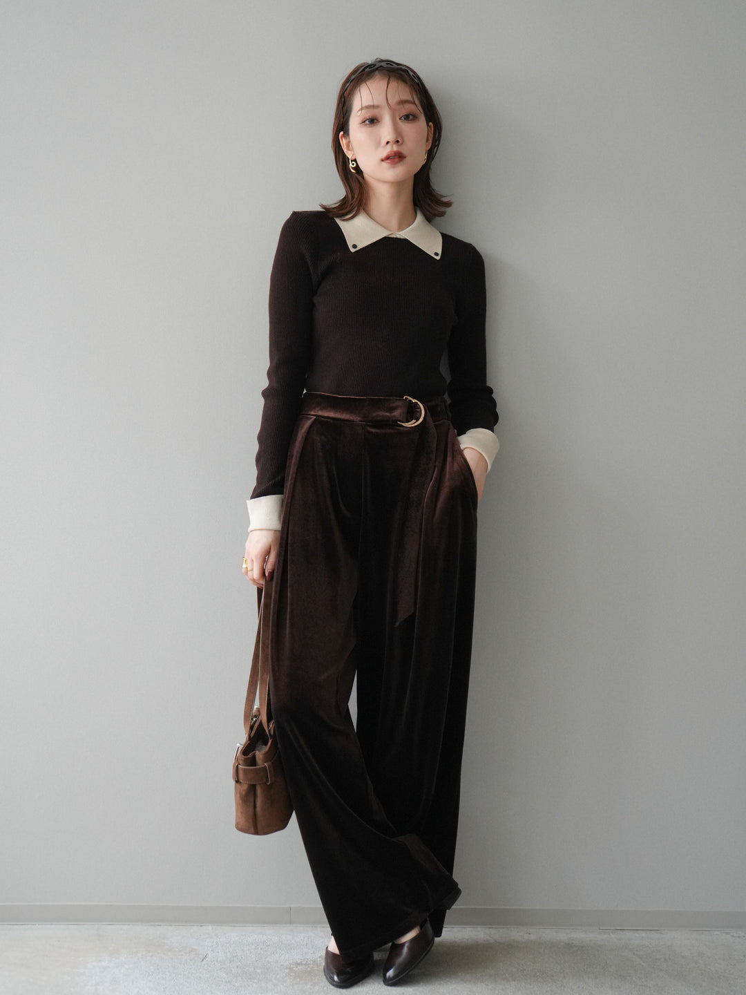 [予約]ベロアベルトスリムパンツ/brown