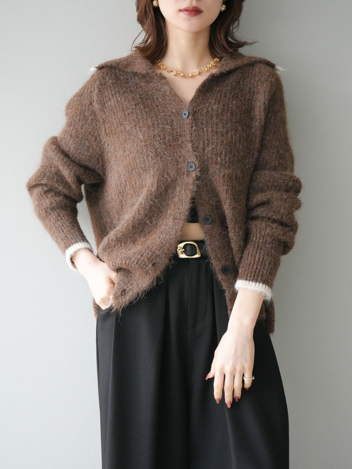 [予約]襟付きバイカラーミックスニットカーディガン/brown