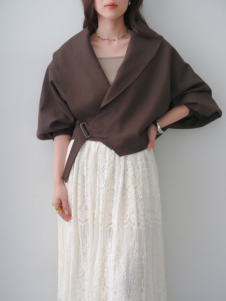[SET]サイドベルトビッグカラーショートジャケット+カップ付きバッククロスキャミソール(2set)