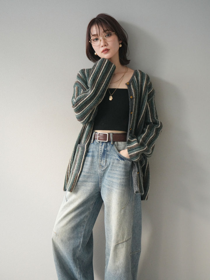 [予約]アンティークボタンストライプニットカーディガン/charcoal