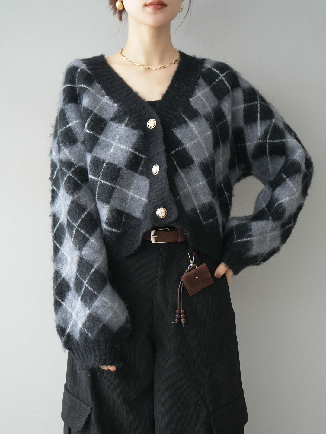 [予約]アーガイルシャギーニットカーディガン/gray