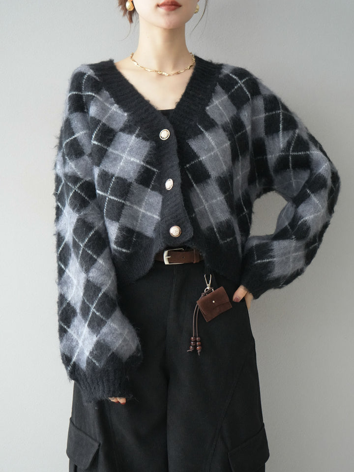 [予約]アーガイルシャギーニットカーディガン/gray