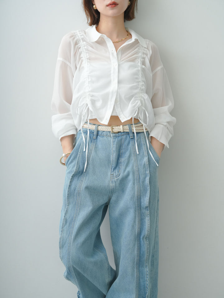 [SET]ラメシアーフロントシャーリングブラウス+フリルラインワイドデニム(2set)