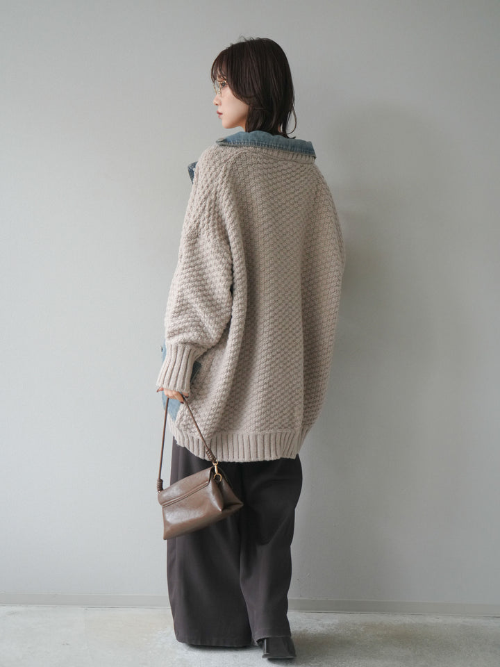 [SET]デニム襟レイヤードニットジャケット+ベルトループデザインワイドパンツ(2set)