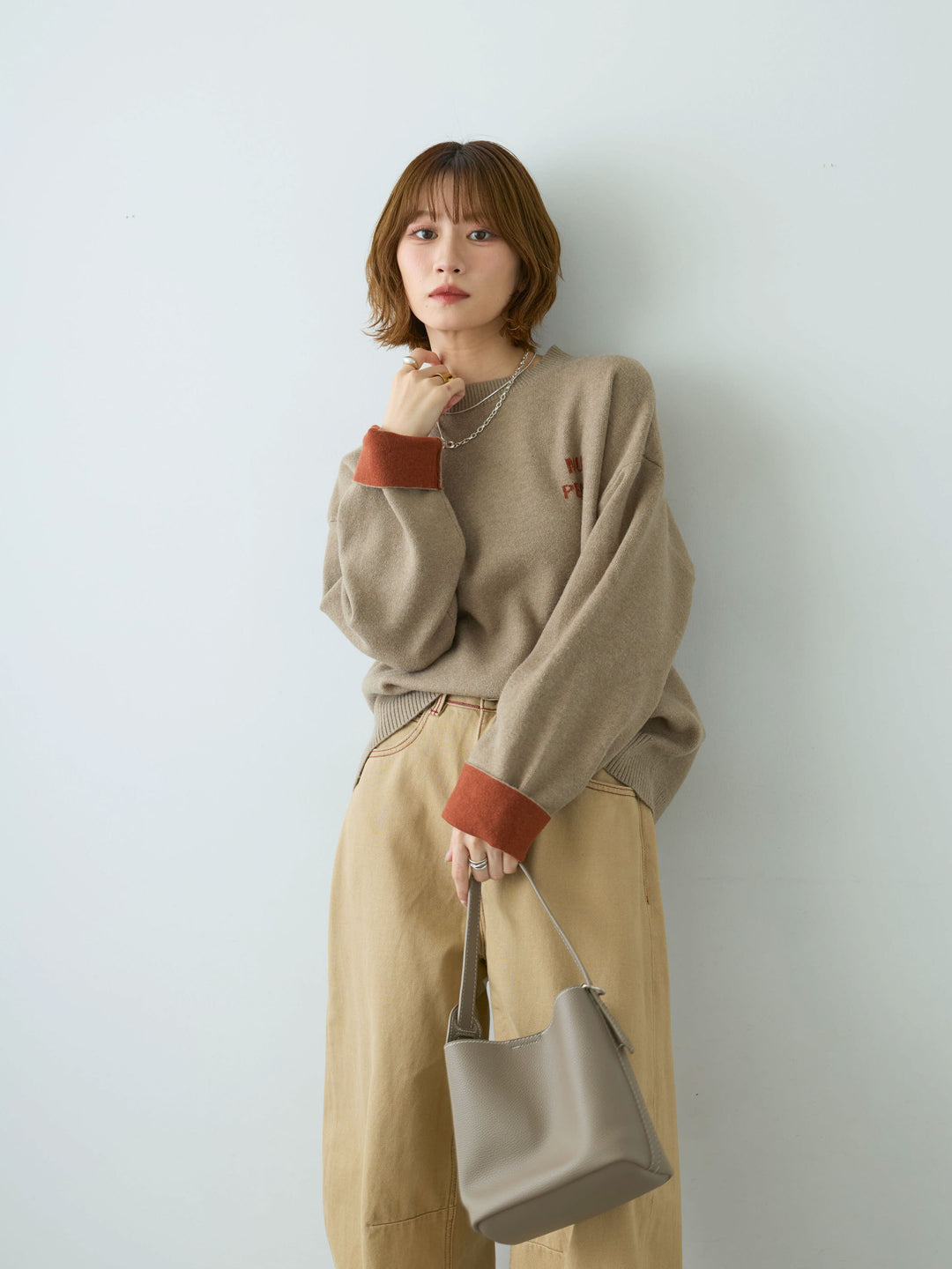 [予約]アルパカタッチバイカラーニットトップス/beige