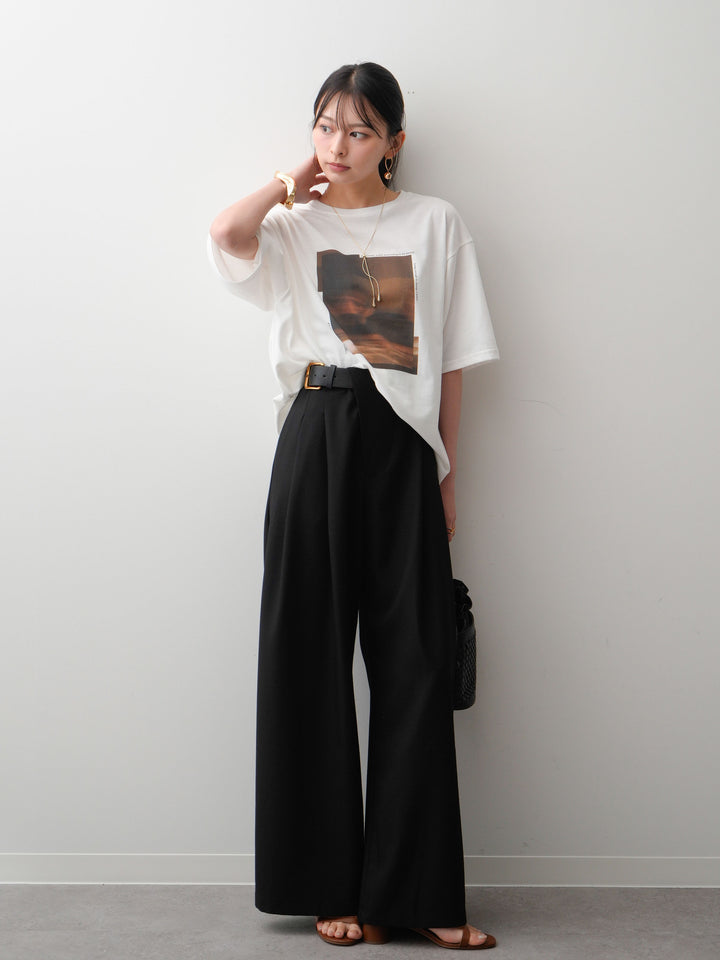 [SET]フォトプリントロゴTEE+アシンメトリーベルトタックワイドパンツ(2set)