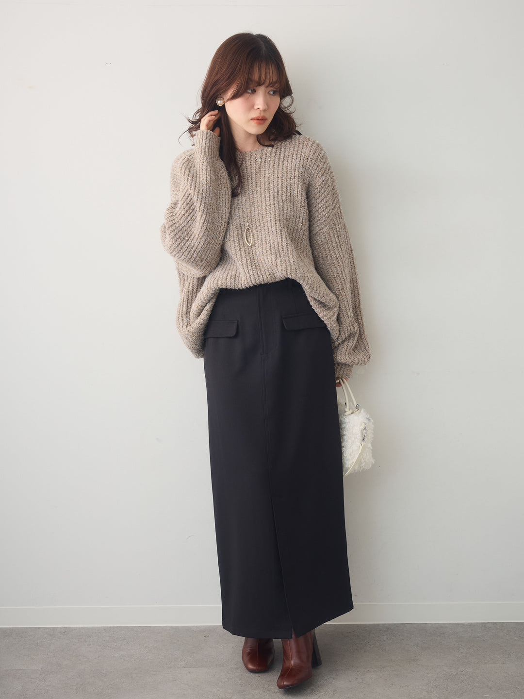 [SET]バルーンスリーブスパンリブニットトップス+クレープデシンフラップ付きストレートスカート(2set)