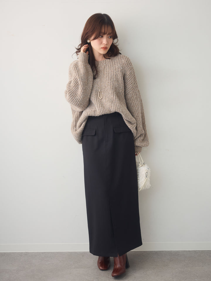 [SET]バルーンスリーブスパンリブニットトップス+クレープデシンフラップ付きストレートスカート(2set)