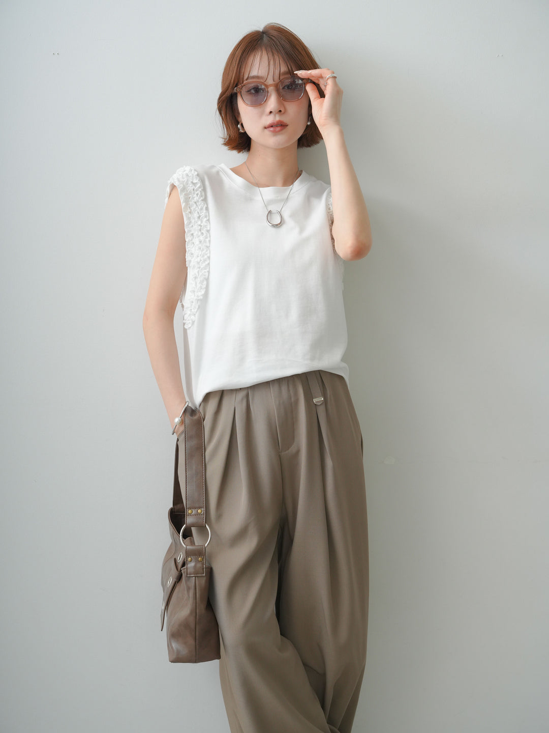 [SET]ホイップフリルフレンチTEE+ベルト付キーホルダーモチーフワイドパンツ(2set)