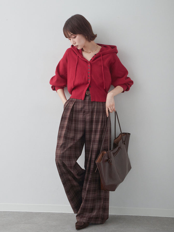 [SET]ボリュームスリーブフードニットカーディガン+チェックドレープワイドパンツ(2set)