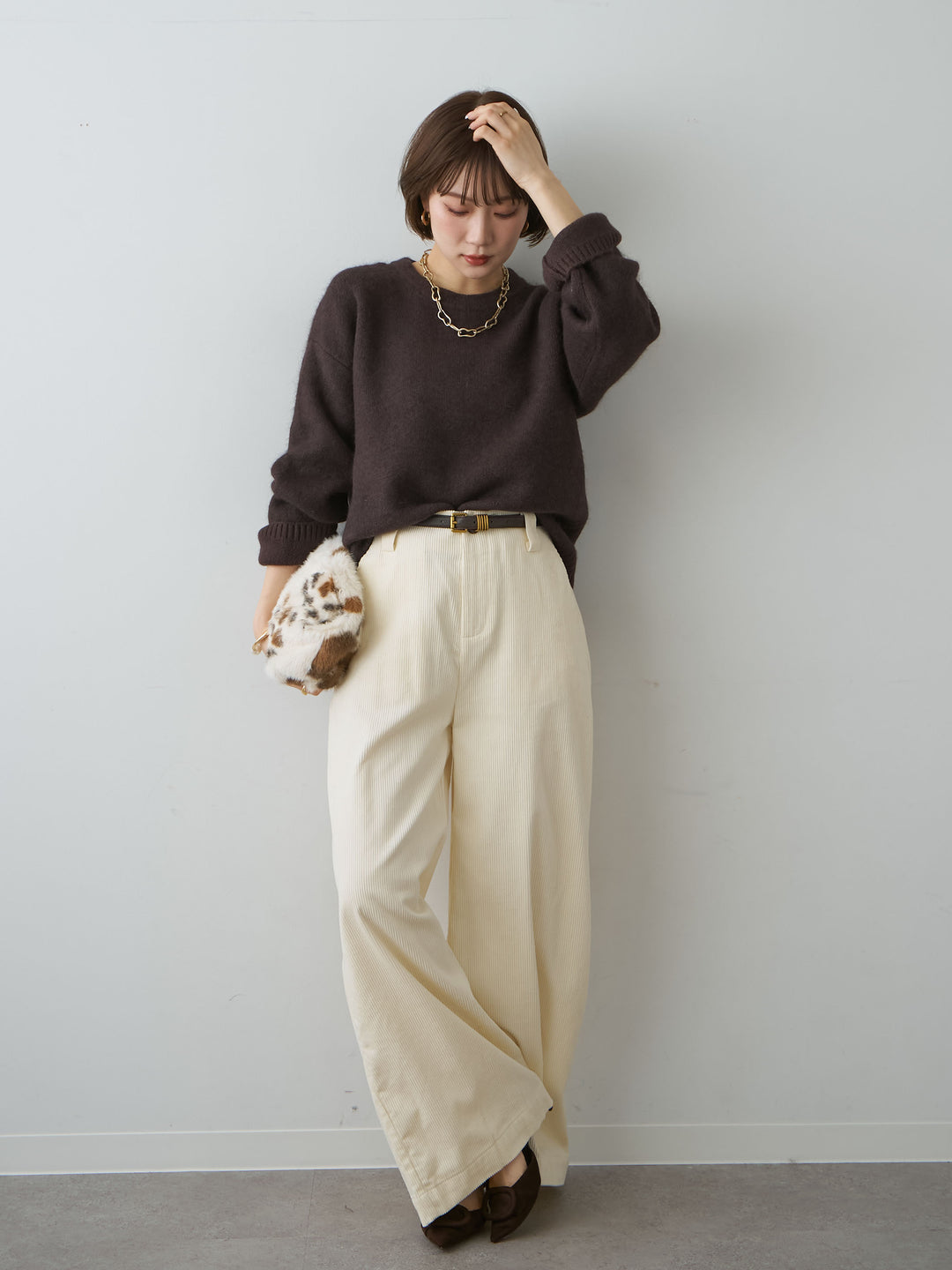 [SET]ソフトシャギークルーネックプルオーバー+ベルト付コーディロイワイドストレートパンツ(2set)