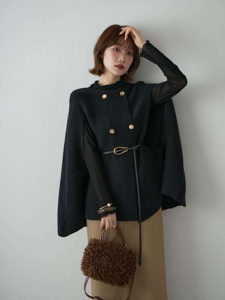 [予約]ゴールドボタンニットケープコート/black