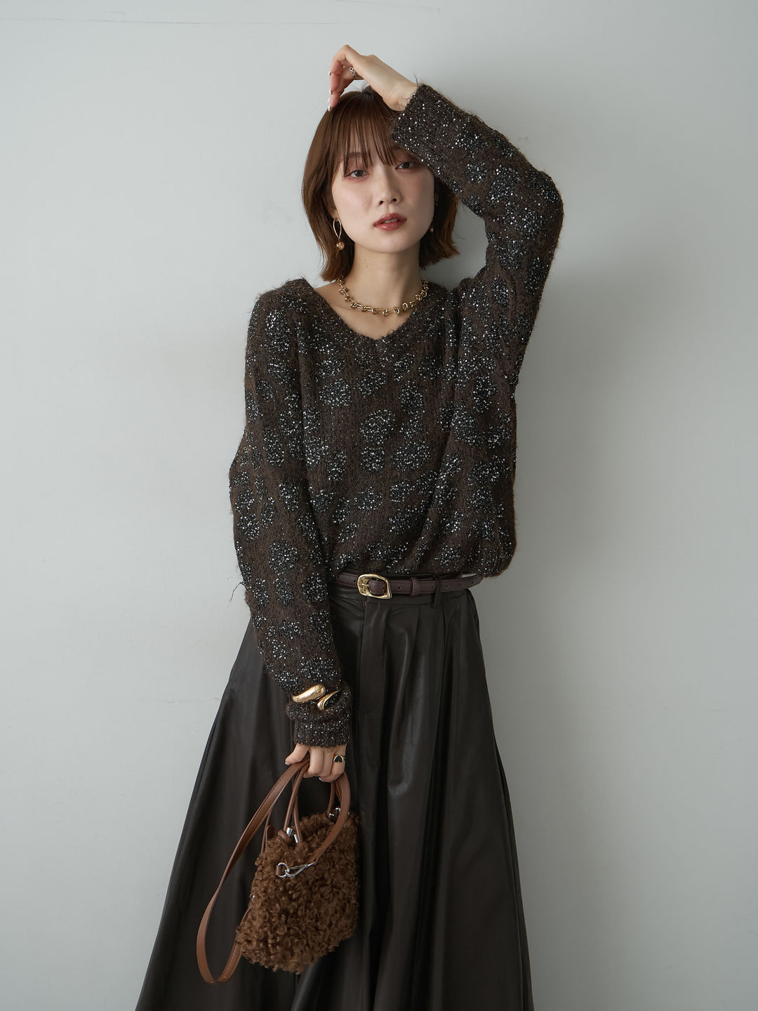 [予約]レオパードスパンコールニットトップス/brown
