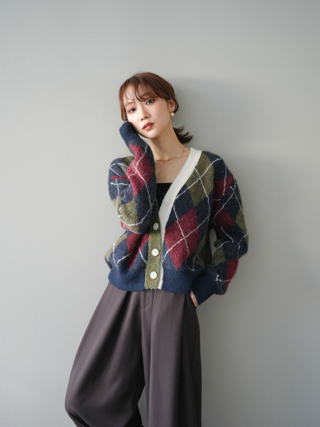[予約]配色アーガイル柄ニットカーディガン/green