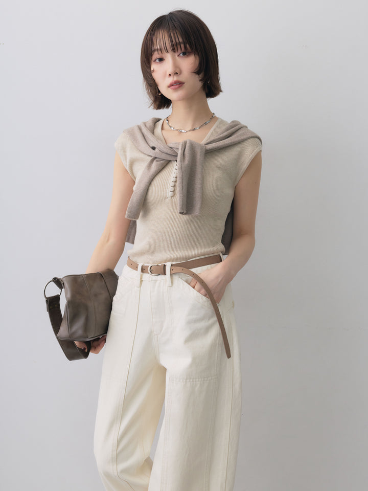 [予約]くるみボタンスリムフレンチニットトップス/beige