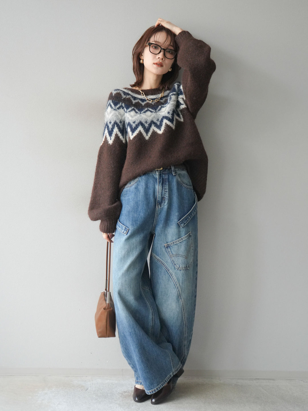 [SET]求心柄オーバーニットプルオーバー+ペインターカーブデニムパンツ(2set)