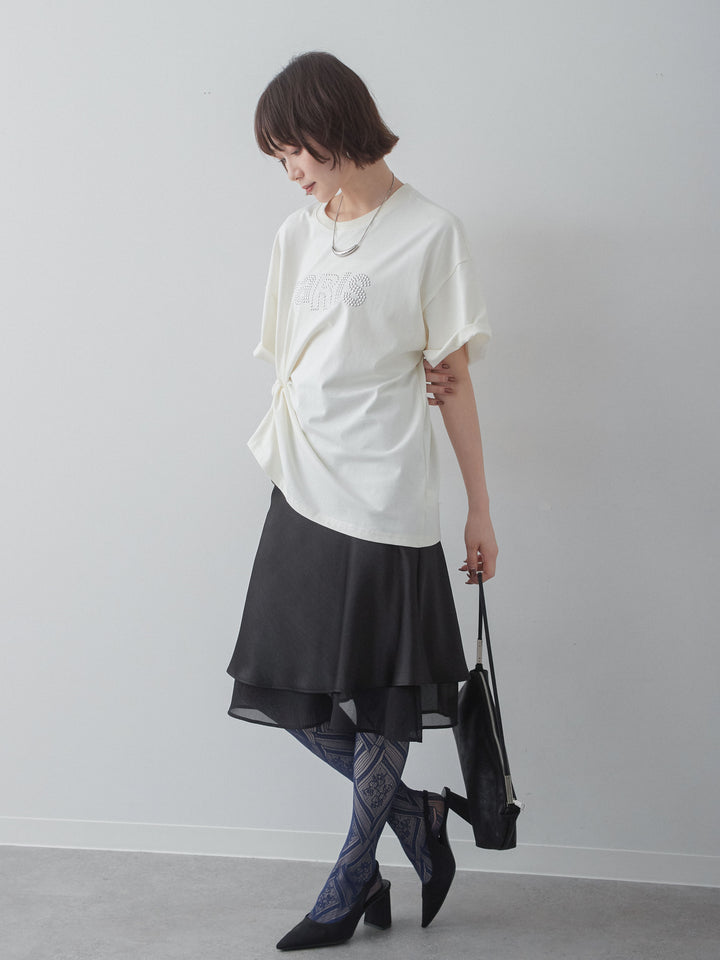 [SET]スタッズロゴTEE+サテンシフォンレイヤードスカート(2set)
