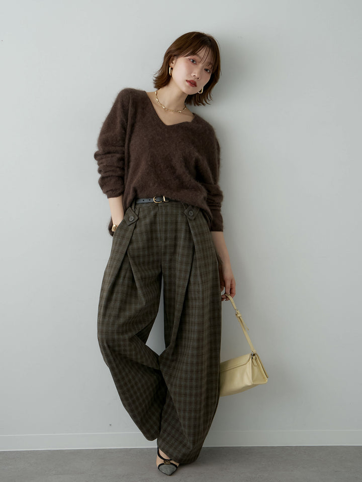 [SET]カシミア混フェザータッチVネックニットトップス+チェックサイドベルトデザインタックパンツ(2set)