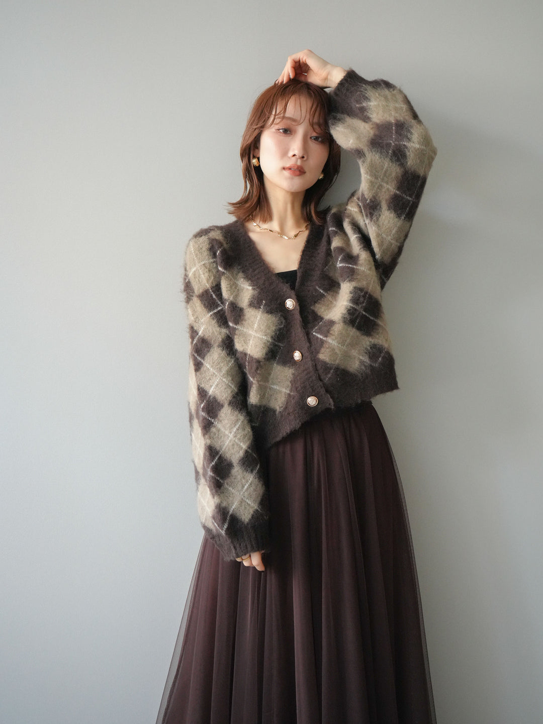 [予約]アーガイルシャギーニットカーディガン/brown