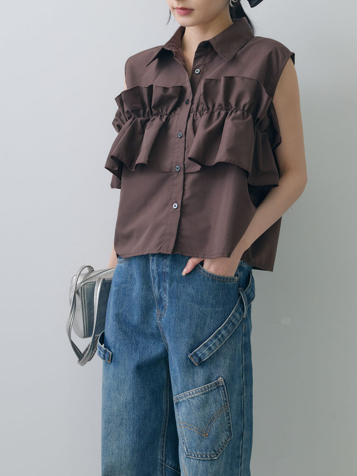 [SET]フリルノースリーブシャツ+ペインターカーブデニムパンツ(2set)