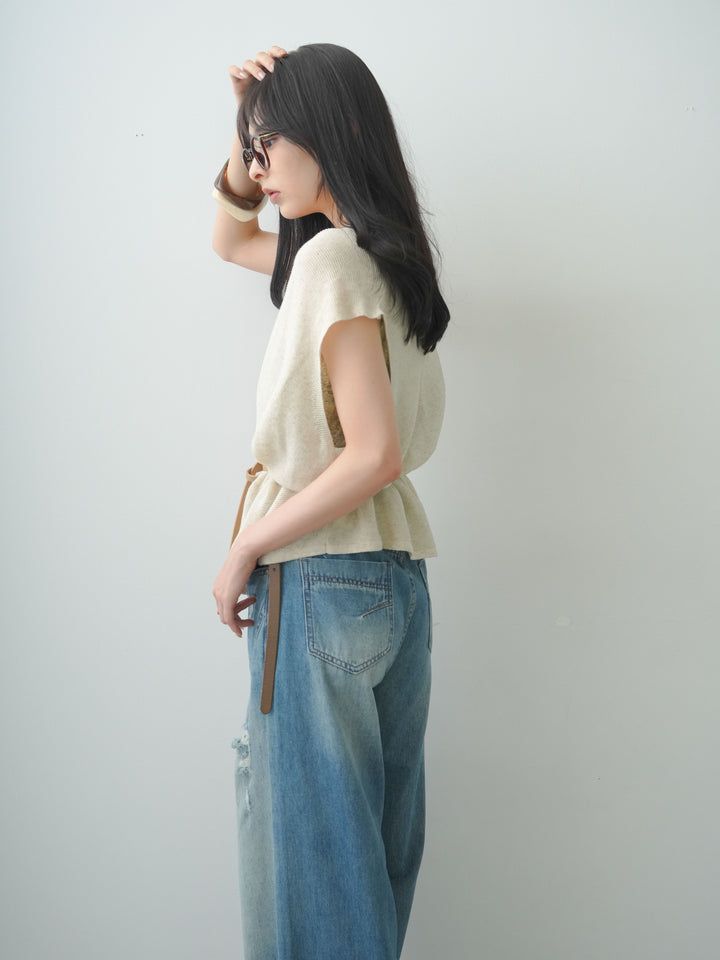 [予約]ベルト付フロントボタンノースリニットトップス/ivory