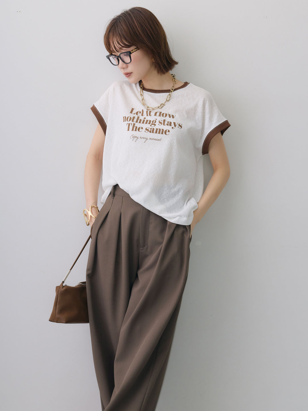 [SET]シアースラブバイカラーフレンチTEE+クレープデシンタックワイドパンツ(2set)