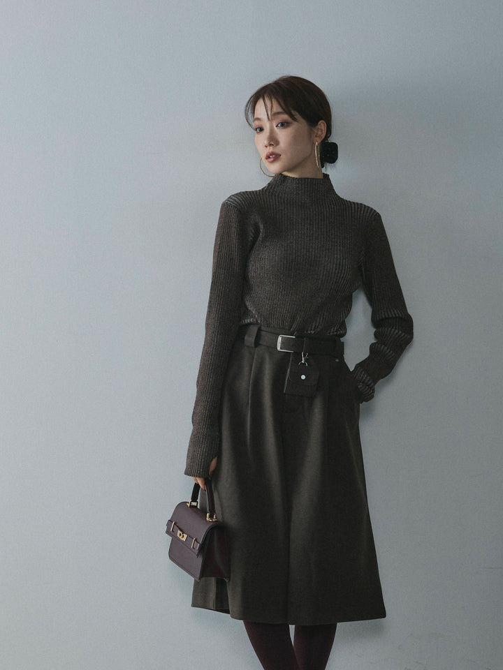 【Allure】[SET]プレーティングハイネックプルオーバー+ベルト付ウールタッチミディアムパンツ(2set)
