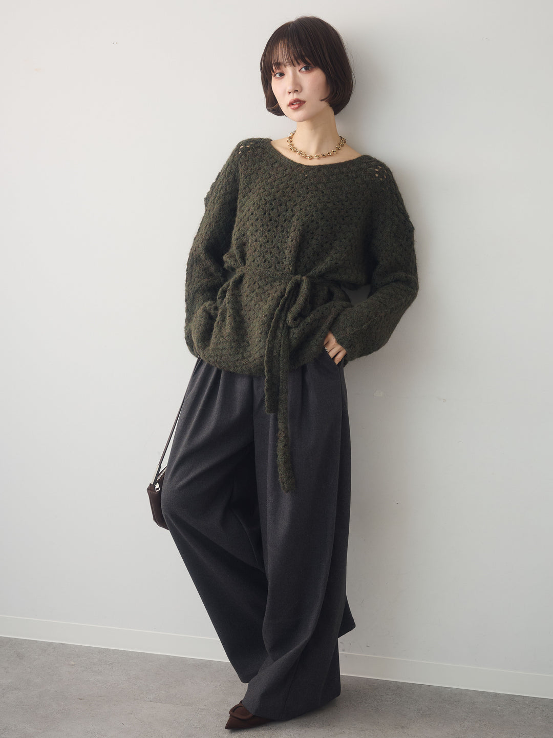 [SET]ニットベルト付ポップコーンプルオーバー+ダブルタックドレープストレートワイドパンツ(2set)