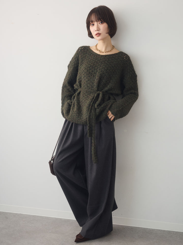 [SET]ニットベルト付ポップコーンプルオーバー+ダブルタックドレープストレートワイドパンツ(2set)