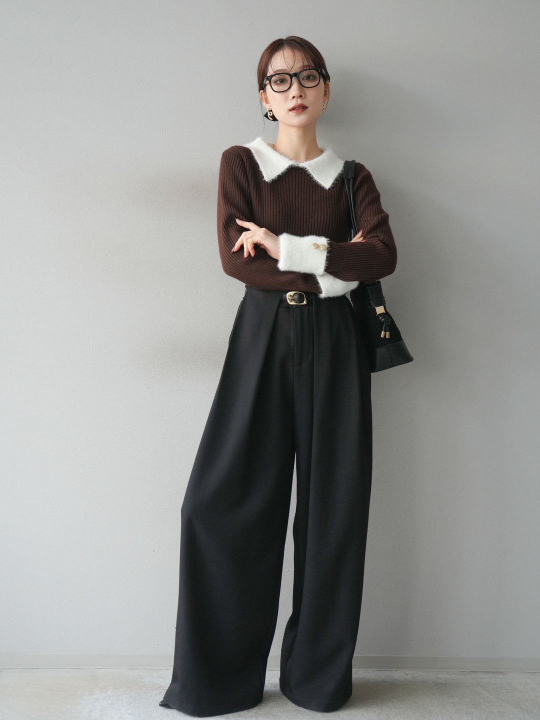 [SET]シャギー襟リブニットトップス+ベルトループデザインワイドパンツ(2set)
