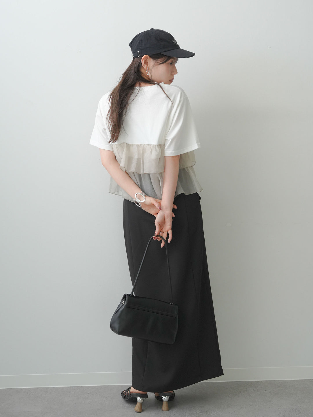 [SET]オーガンジーフリルドッキングTEE+クレープデシンフラップ付きストレートスカート(2set)