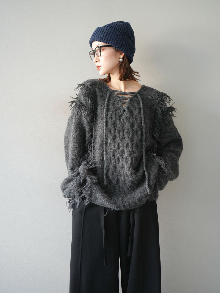[予約]レースアップフリンジニットプルオーバー/gray