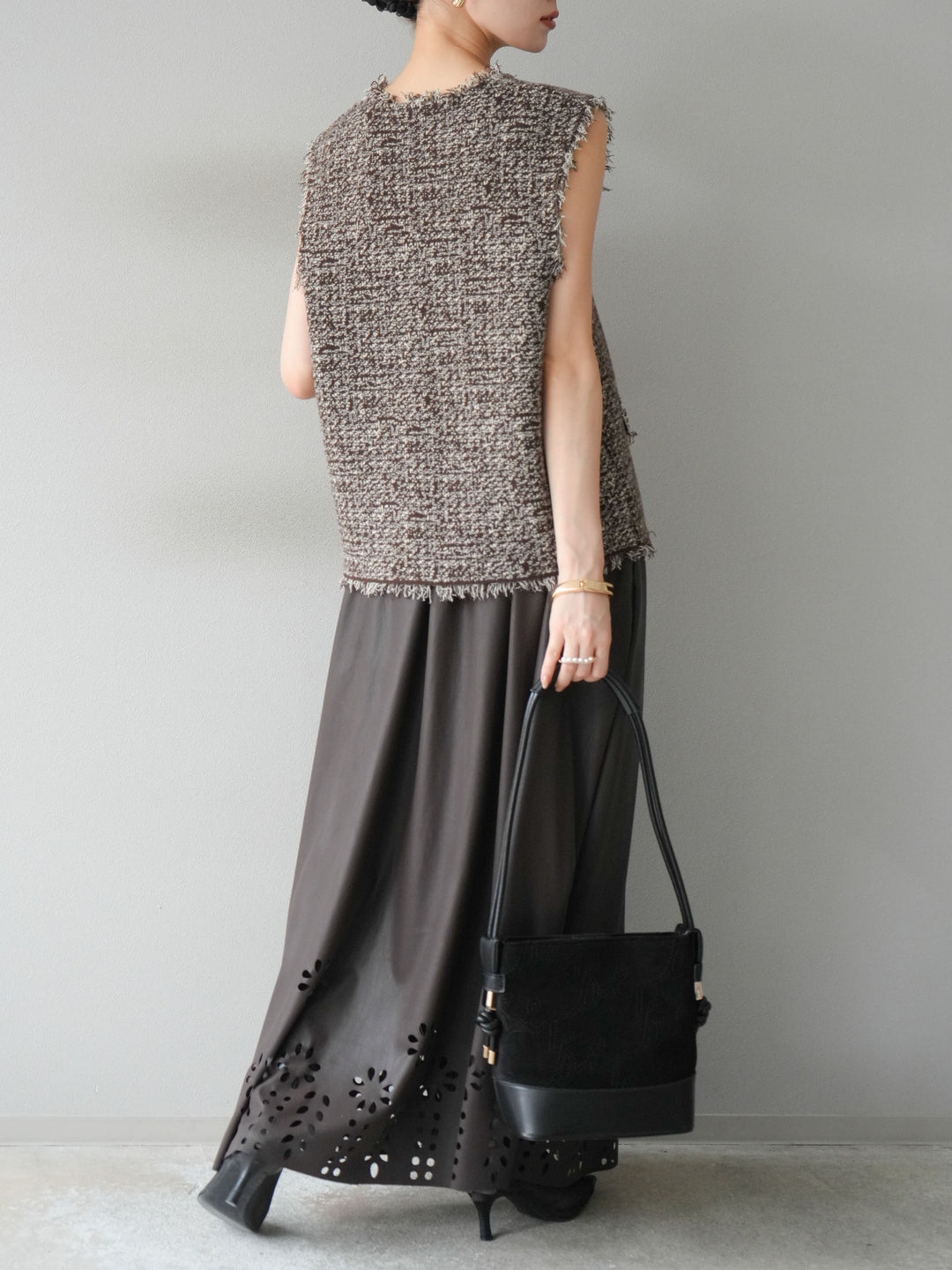 [予約]ミックスツイードフリンジニットベスト/ブラウン