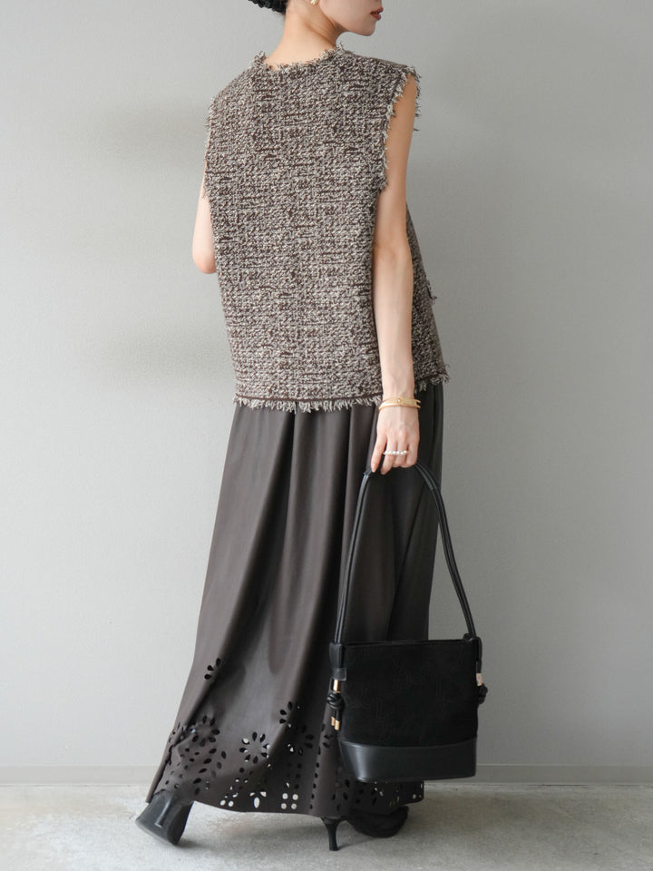 [予約]ミックスツイードフリンジニットベスト/ブラウン