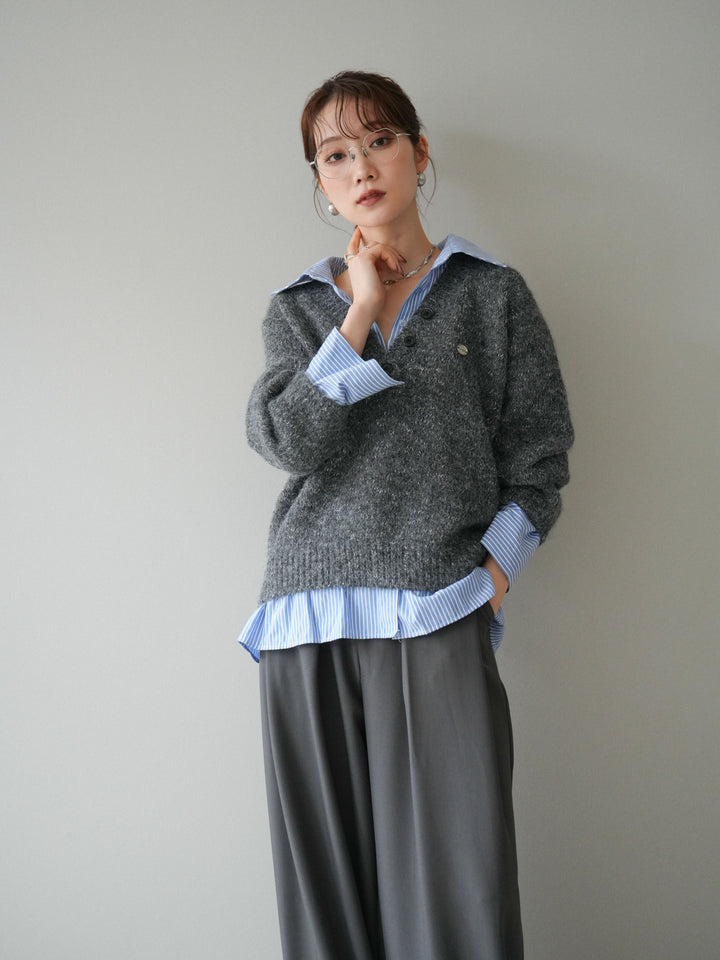 [予約]ストライプシャツドッキングMIXヤーンニットプルオーバー/charcoal