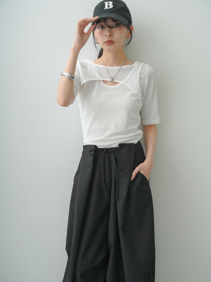 [SET]前後2wayシアーアシメレイヤード風TEE+ベルトループカーブタックワイドパンツ(2set)