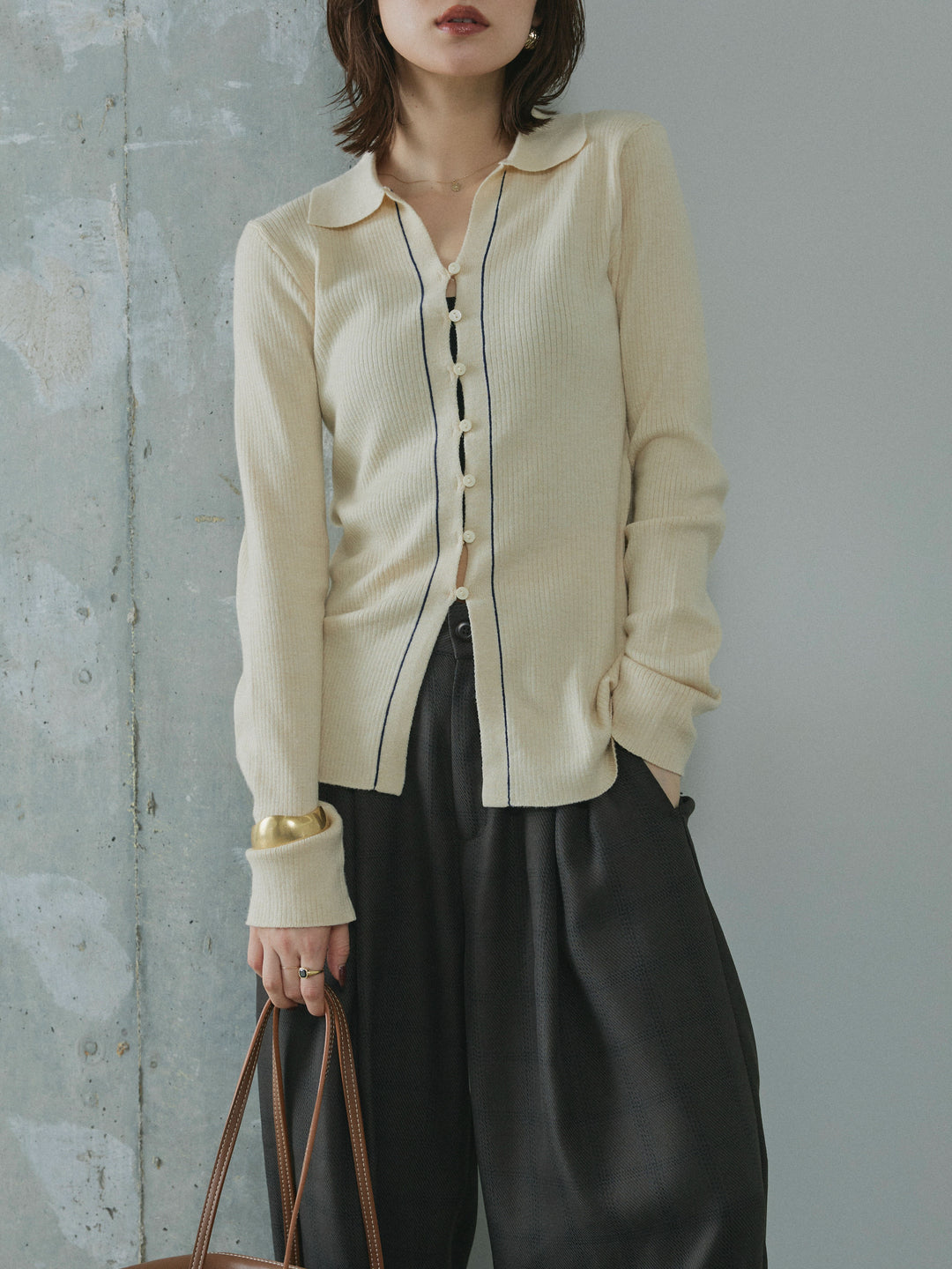 [予約]リブ配色ラインポロニットカーディガン/ivory