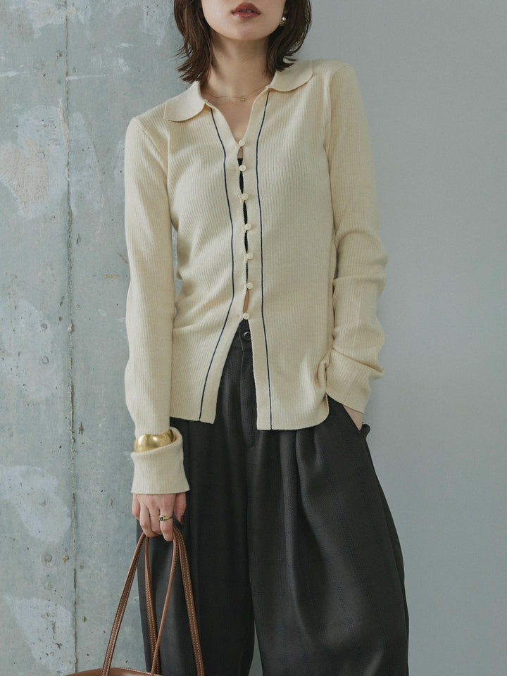 [予約]リブ配色ラインポロニットカーディガン/ivory