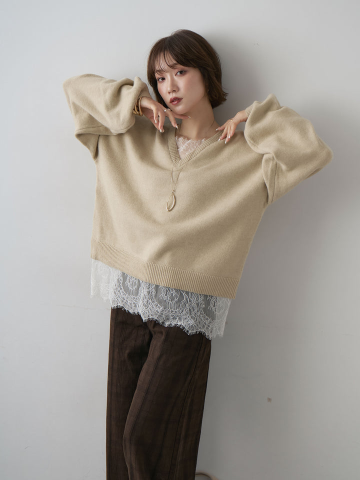 [予約]アルパカタッチレースドッキングVネックニットトップス/beige