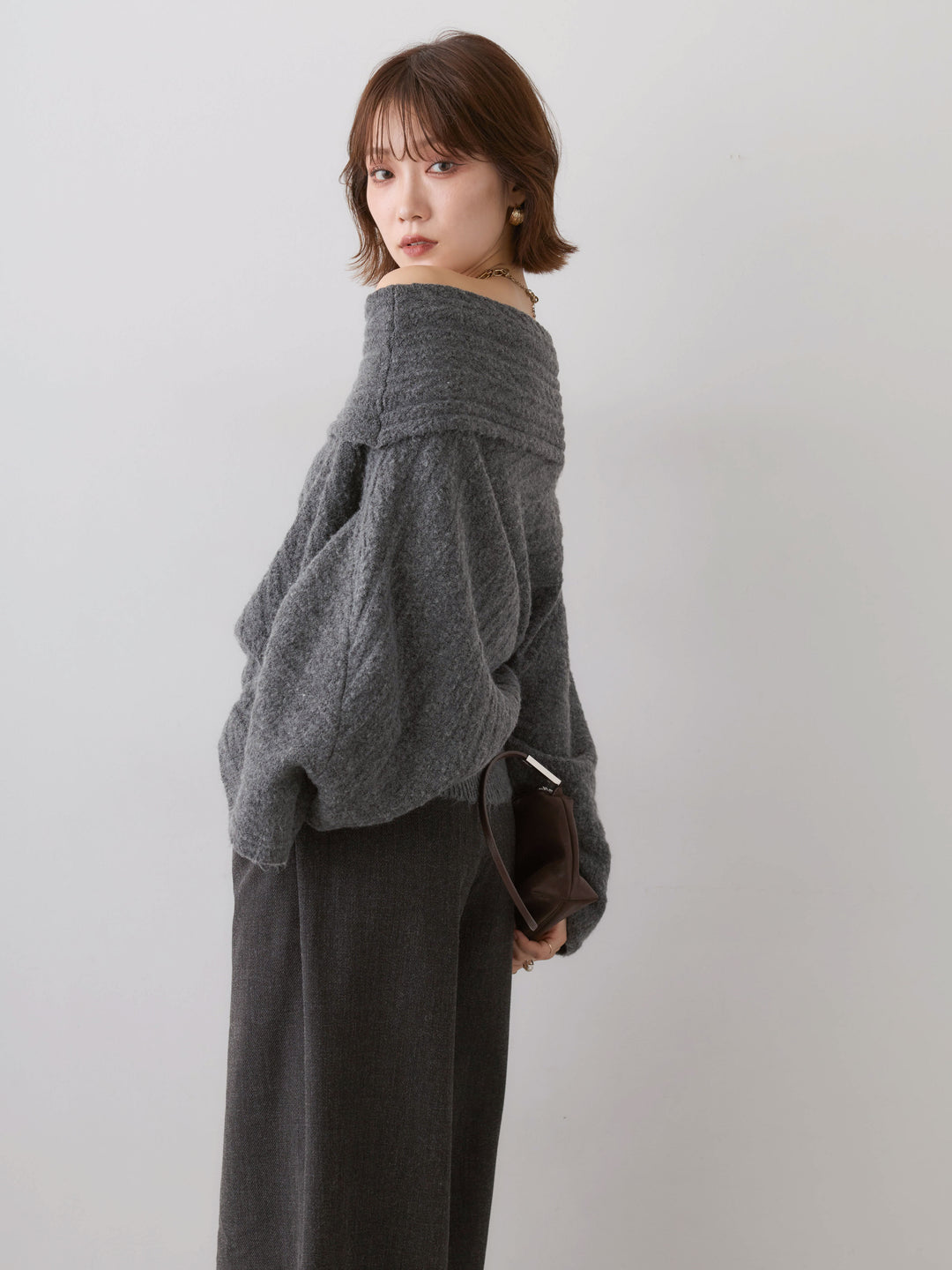 [SET]アシメデザインオフショルニットトップス+ベルト付ポケットデザインワイドストレートパンツ(2set)